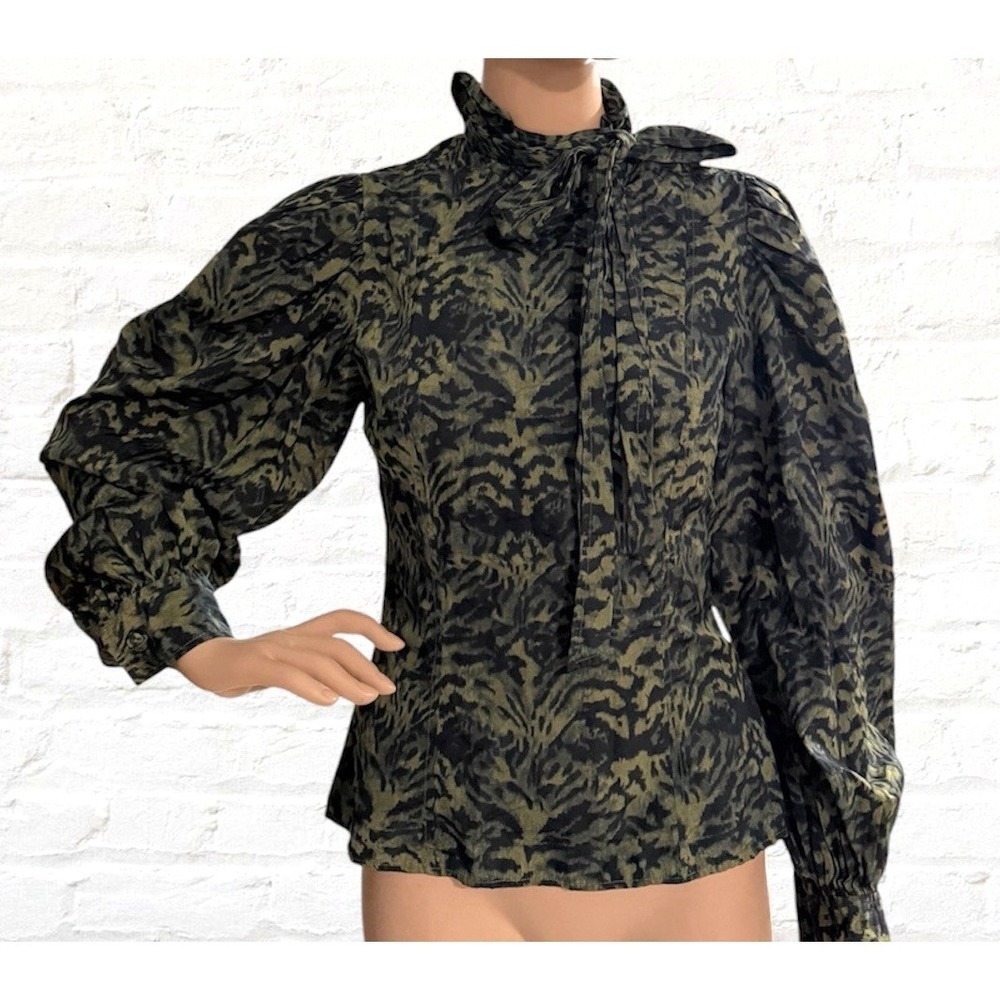 Ulla Johnson Olive Green Abstract Print Puff Sleeve Tie Neck Silk Blend Blouse 2